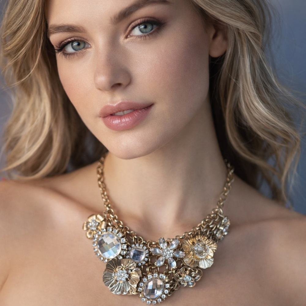✨ Gold-Tone Floral Crystal Statement Necklace by Frank Herval